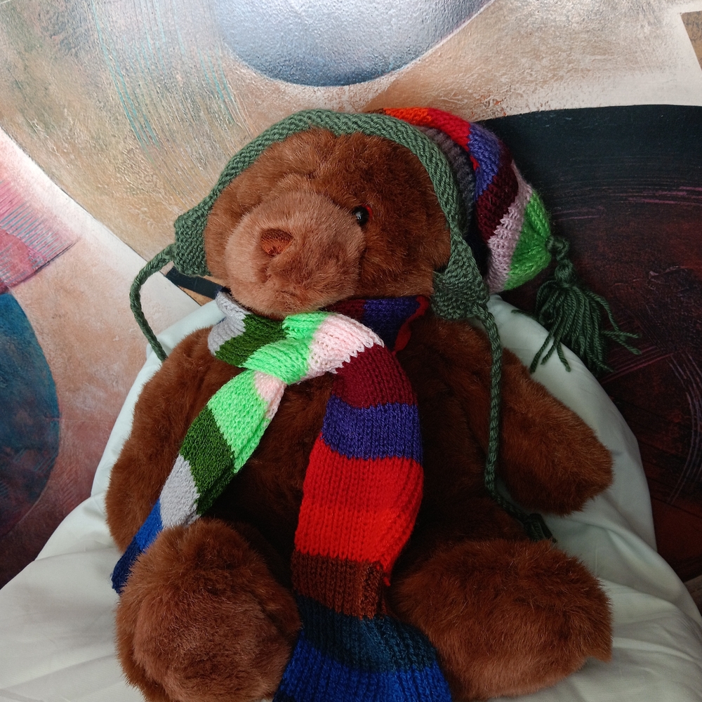 Lord & Taylor Brown Teddy Bear with Striped Scarf and Hat